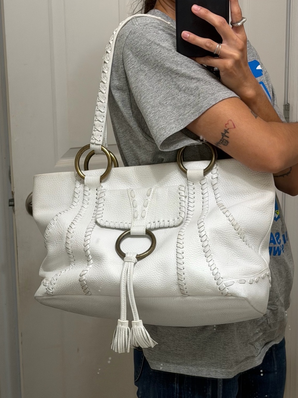 Isabella Fiore White Leather Tassel Shoulder Bag